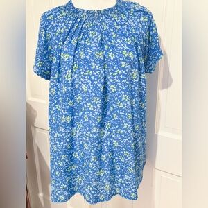 Rungolee Blue and Green Smocked Neck Blouse Side Buttons Sz L NWT